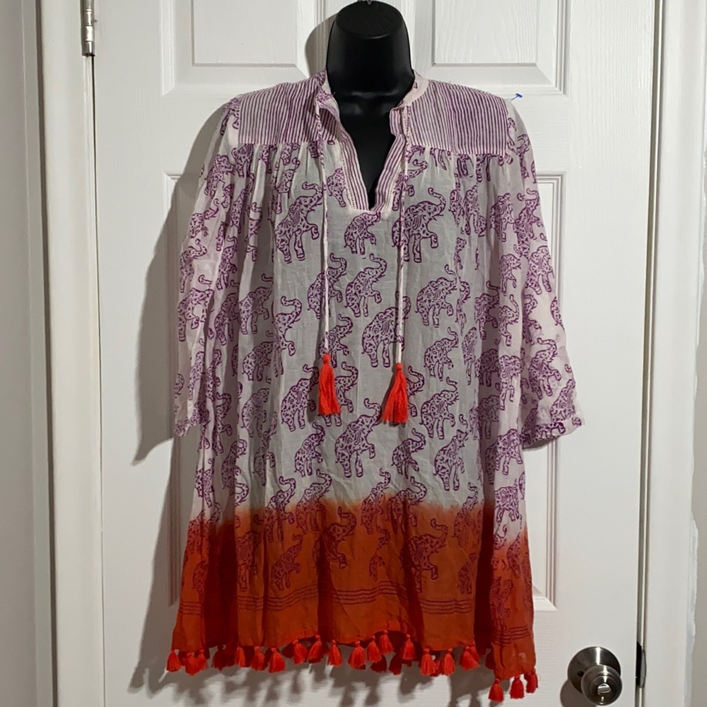Roberta Roller Rabbit 3/4 Sleeve Elephant Tassel Tunic Sz XS